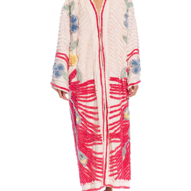 MORPHEW COLLECTION Pink & White Cotton Hand Embroidered Chenille Peacock Beach Coat 