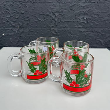 Set of 4 Holly Glass Christmas Mugs