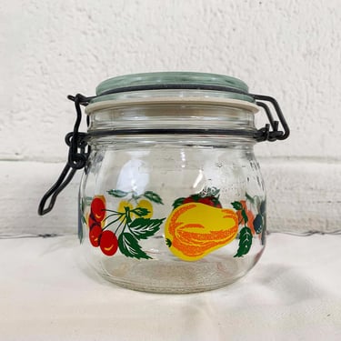 Vintage Glass Kitchen Canister Food Storage .5 Liter MCM Jar France Hermetic Seal Top Metal Wire Bale Le Parfait Fruit Motif French 1960s 