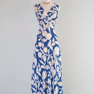 Beautiful 1930's Blueberry & Peach Print Bias Cut Cold Rayon Slip Dress / SM