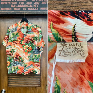 Vintage 1950’s Size XL “Pali” Tropical Island Rainbow Rayon Hawaiian Shirt, Loop Collar, Matching Pocket, 50’s Vintage Clothing 