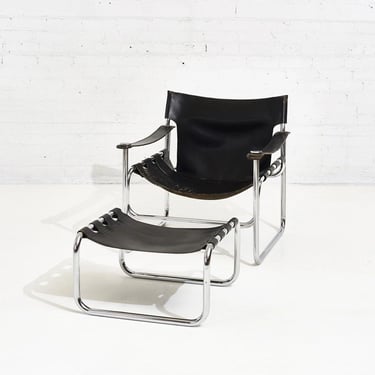 Black Leather Sling Chair and Ottoman,1970