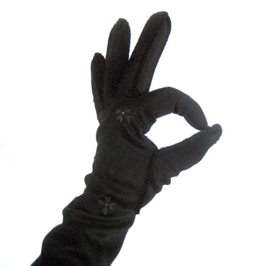 Black BEADED Evening Gloves, 13 Inch Opera Gloves, Glamour Girl, Rockabilly Style, Scalloped Cuff Formal Gloves, Pin Up Style, Size 6.5 