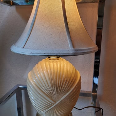 1990s Lamp, Vintage Lamp, Glass Lamp, Cream Lamp, Ribbed Lamp, Beige Lamp, Lamp with White Lampshade, Vintage Home Decor, Vintage Lighting 