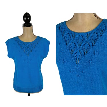 M-L 80s Royal Blue Knit Sweater Vest, Cap Sleeve Cotton Pointelle Top, Spring Summer 1980s Clothes Women Vintage CUDDLE KNIT Medium Large 