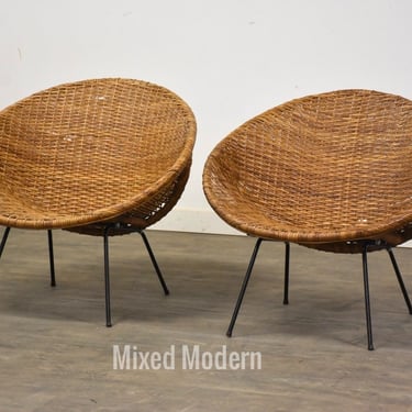Wicker and Iron Bucket Lounge Chairs - A Pair 