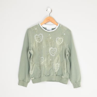 Vintage 90s Sage Green Argyle & Hearts Sweatshirt - nineties, kitschy, embroidery, beading - Women's M/L 