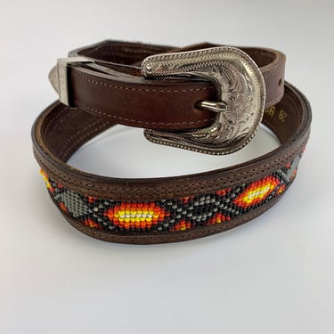 Southwestern Beaded Belt - Native American Inspired - Brown Leather - Loomed Glass Beadwork - Size 24 to 29 Inch Waist 