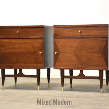 Walnut and Brass Nightstands - A Pair 