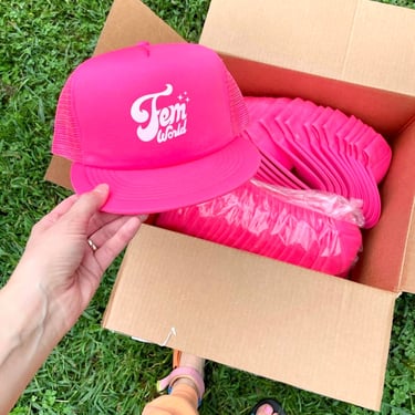 Hot Pink Fem World Trucker Hat, Y2K aesthetic, feminist, empowerment, gift 