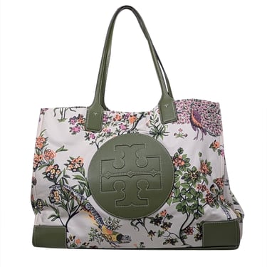 Tory Burch - Ivory, Green, & Pink Floral Peacock Print Tote Bag