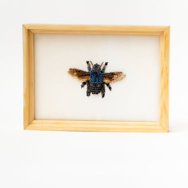 Blue Carpenter Bee Framed Beaded Art