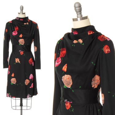 Vintage 1970s Dress | 70s Dark Floral Print Black Jersey Cowl Neck Long Sleeve Sheath Day Dress (x-small/small) 