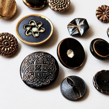 Antique Black Glass Button Collection - Gold Luster Mirror-Back Painted Victorian 