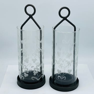 Etched Cylinder Glass Votive Holder Metal Stand- 9 1/4