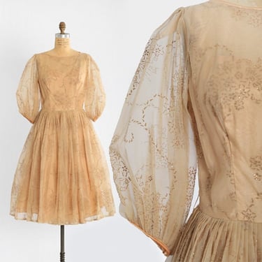 Vintage 50s champagne chiffon floral velvet dress 