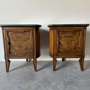 A Pair  Of  Harold Schwartz for Romweber Demilune Pecan End Tables  Or Nightstands With Decorative Bronze Pulls 