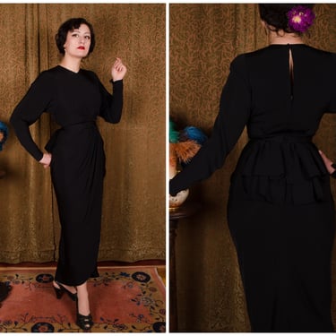 1940s Dress - Wicked Black Rayon Femme Fatale 40s Dress with Dramatic Coiled Skirt and Draped Hips 