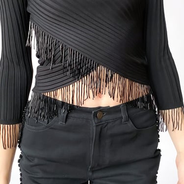 Y2K Black Beaded Fringe Shirt, sz. S