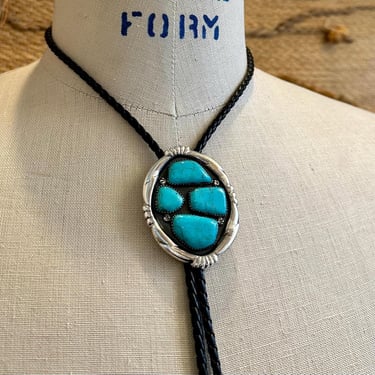 WILBUR IULE Zuni Turquoise Bolo Tie w/ Leather Cord | Sterling Silver Bolo | Native American Zuni Made Mens Jewelry, Southwestern 