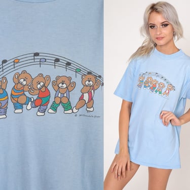 Teddy Bear Shirt 90s Aerobics Jazzercise T-Shirt Music Dancing Bears Graphic Tee Kawaii Cute Baby Blue Single Stitch Vintage 1990s Large L 