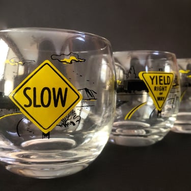 Mid-Century Street Sign Roly Poly Glasses, Set of Three; Street Sign Glass; Traffic Sign Glass; Mid-Century Barware; Yield Glass; No Passing 