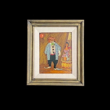 Vintage Original Oil on Board Painting by Artist: Carlos Lopez Ruiz Circus Clown w/ Dog & Lady 14.5" x 12.5" Wood Frame 