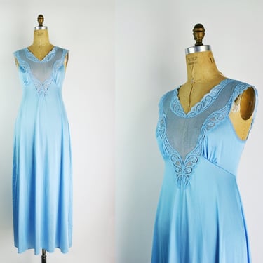 70s Vanity Fair Blue Slip Dress / 1970s / Vintage Lingerie / Maxi Slip Dress / Wedding Lingerie / Size S/M 