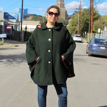 Vintage 60s Spezial Loden Hooded Cape, One Size Women, hunter green wool, removable hood 