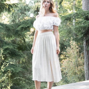90s Linen Skirt | Oatmeal Cotton Gauze Indian Skirt | Peasant Midi Skirt | Hippie Boho Autumn Prairie Skirt | Minimalist Pleated Skirt 