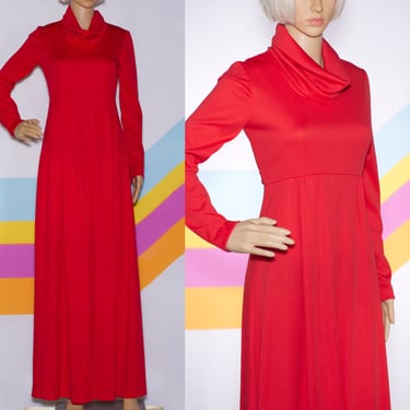Vintage 1970s Red Maxi Dress with Cowl Neck | Small | i-3 