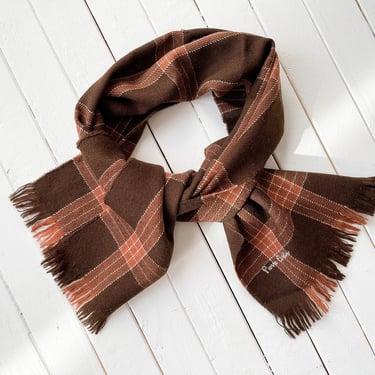 brown plaid wool scarf | 80s vintage Pierre Cardin Merino wool dark academia knit beige brown fringed warm winter scarf 