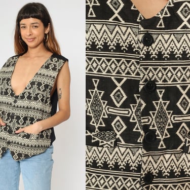 90s Tapestry Vest Men's Southwestern Print Vest Black Cream Boho Button Up Sleeveless Top Western Geometric Vintage 1990s Large L 