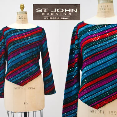 80s Vintage St John Striped Sweater Top Red Black Metallic Cropped Sweater Knit Medium Large St John Evening Party Top Striped Long Sleeves 