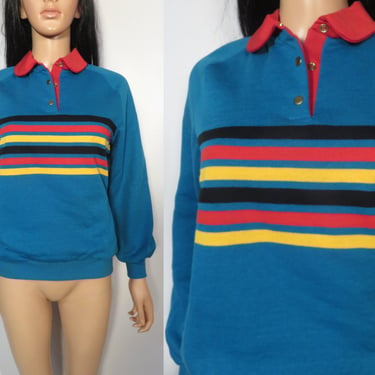 Vintage 80s Deadstock Collared Striped Sweatshirt With Pockets Made In USA Size S/M 