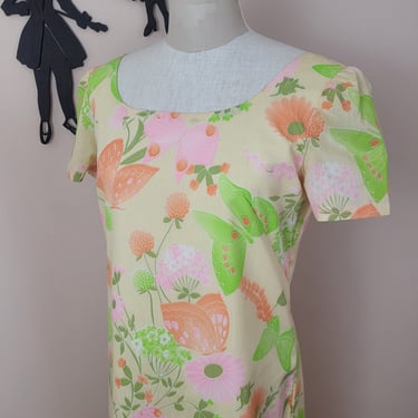 Vintage 1960's Novelty Print Dress / 70s Butterfly Maxi Dress M/L 