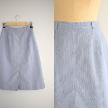 1980s Blue, Black, and White Micro Stripe A-Line Midi Skirt 