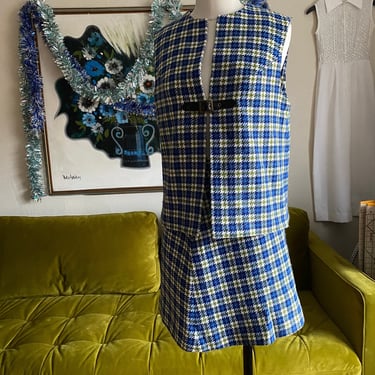 Vintage 60s Plaid/Houndstooth Novelty Mod Wool Matching Set with Mini Skirt and Vest; 60s Amazing Coordinating Mini Skirt Set Blue & Green M 