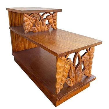 Restored Hand Carved Koa Wood 3 Tiered Side Table w/ Anthurium Floral Motif 