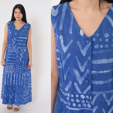 90s Blue Maxi Dress Abstract Brushstroke Print Button Up Dress Sleeveless V Neck Geometric Dress Vintage 1990s Long Summer Dress Large 