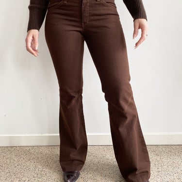 Brown Contrast Stitch Flared Denim