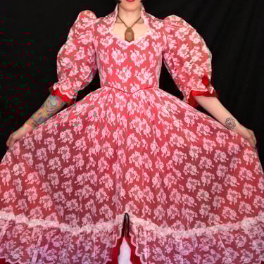 Antique Style 1850s 1860s Gown - Vintage 1980s does Victorian Style White Floral Lace + Red Taffeta Puff Sleeve Gown - size S / M 