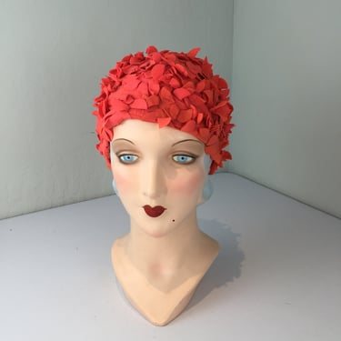 Collecting Coral at the Beach - Vintage 1950s Bright Coral Floral Swim Cap 