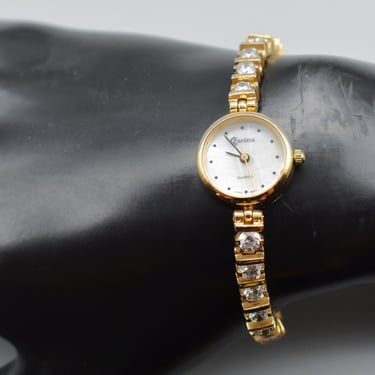 90's Czarina by Croton elegant bling bracelet watch, dainty cubic zirconia gold plate Mother of Pearl faced wrist watch 