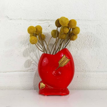 Vintage Valentine Heart Vase Arrow Valentine's Day Planter Red Gold Florist Cupid 1960s 