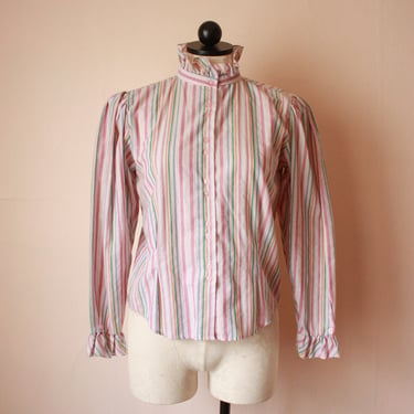 80s does Victorian Pastel Striped Ruffle Collar Blouse Button Down Top Size S / M 
