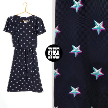 Pretty Vintage 70s 80s Black Elastic Waist Dress with Stars 