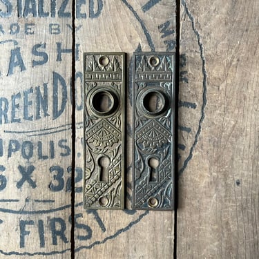 Pair of 1890s Brass Victorian Eastlake Branford Ornate Door Back Plates 
