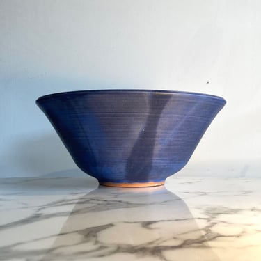Large hand-thrown and signed ceramic bowl in blue shades 