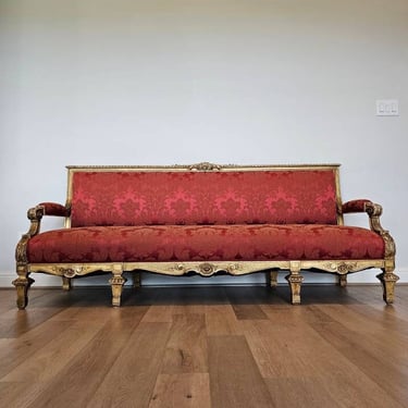 Antique French Louis XVI Style Giltwood Damask Upholstered Long Sofa Canapé Settee 
